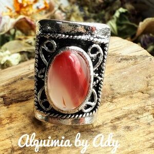 Red agate sterling silver gem ring adjustable cuff